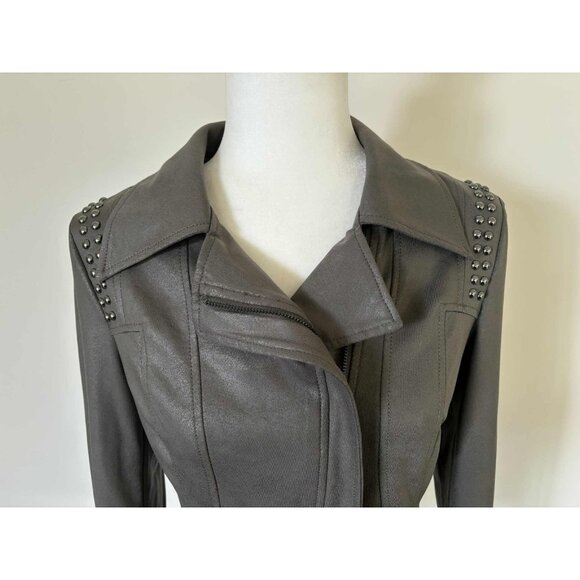 JOSEPH RIBKOFF Zip Up Moto Jacket Size Small Faux Leather Greenish Gray Studded - Picture 3 of 10